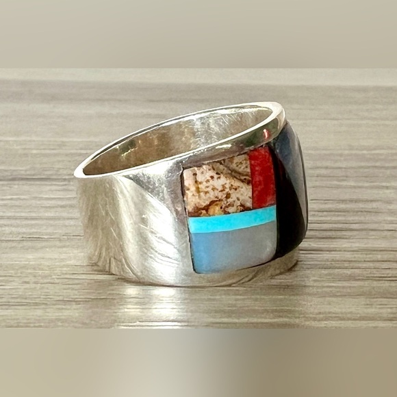 Vintage Handmade Zuni Multi Stone Inlay Wide Band Ring, Size 7 - Picture 5 of 11